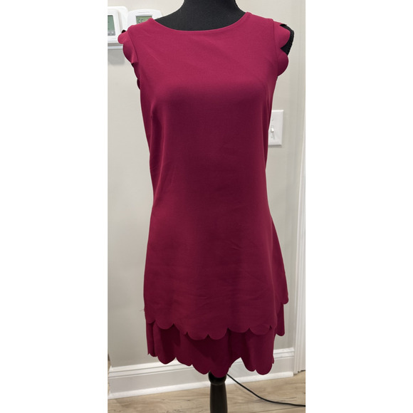 Y2K Betsy Johnson Dress Scalloped Hem Layered Sheath Cap Sleeves Fuchsia 6 - Picture 1 of 10